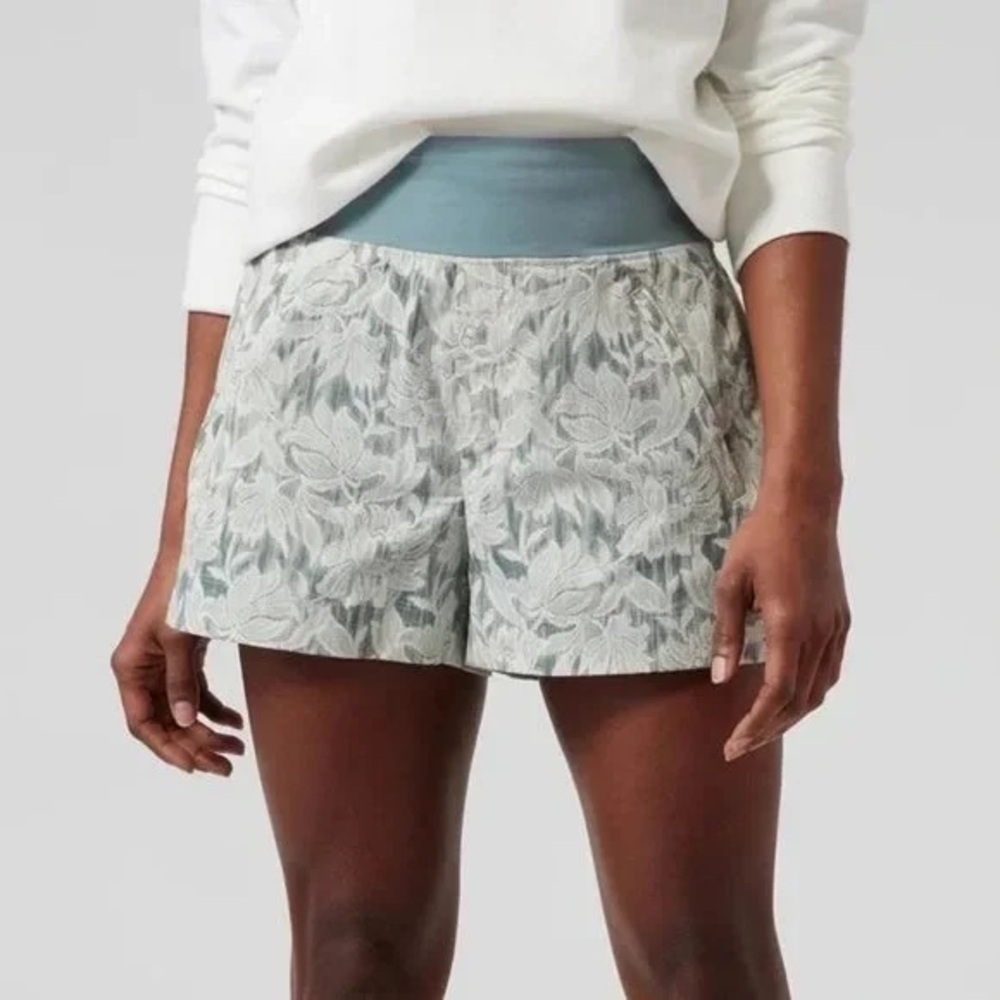 Athleta Floral Print Athletic Shorts in Sage and Light Blue